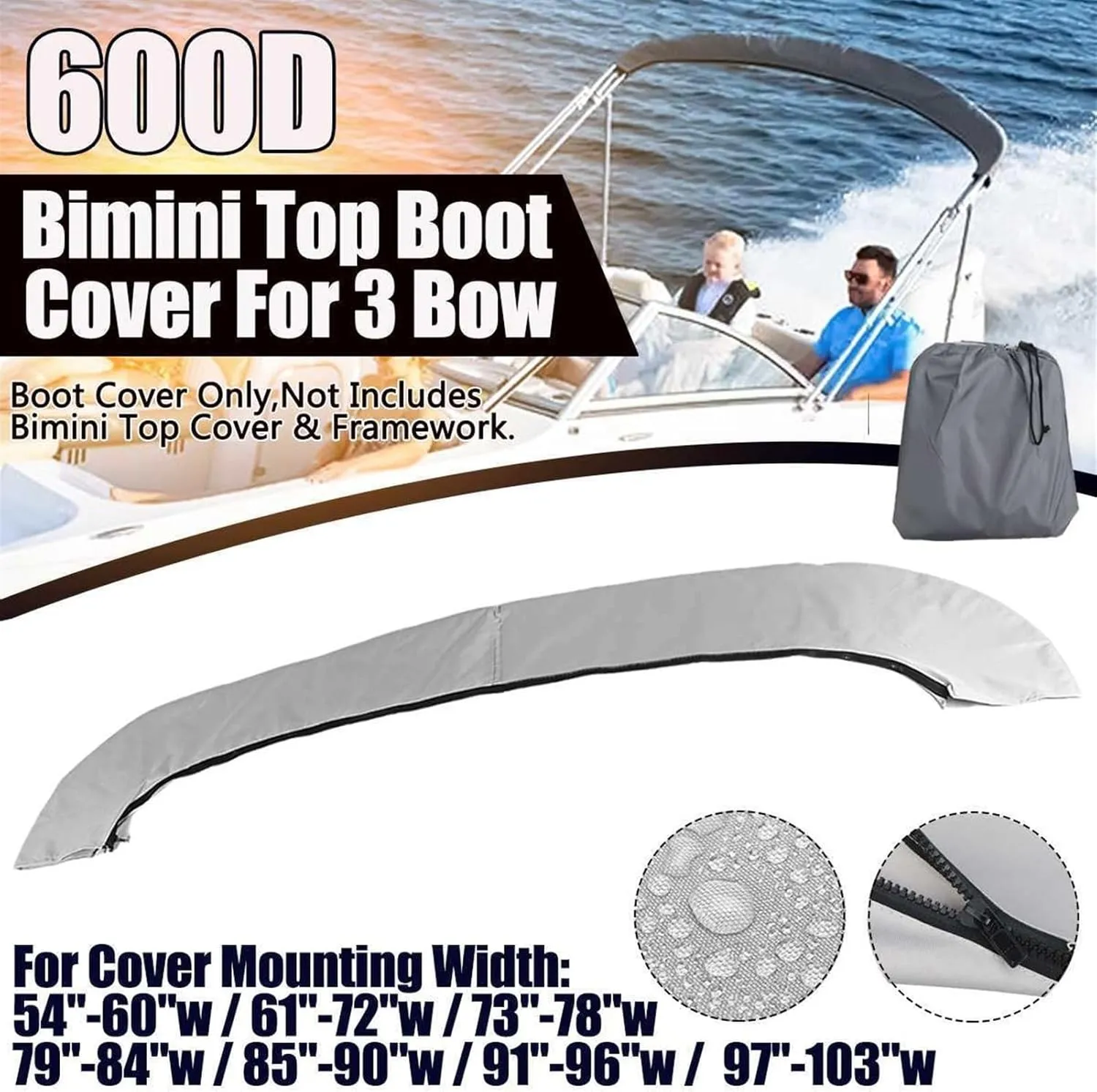 3 Bow Bimini Top Boot Cover 600D Waterproof Yacht Boat Shade Canopy Storage Cover Anti-UV Dust-Proof Universal(73-78)