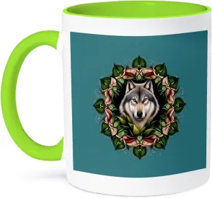 3dRose Coffee Mug, Size - 15oz - A Timber Wolf Surrounded By Ladys Slipper Minnesota State Tattoo Art Vector Art - Minnesota Mammal Flower - funny coffee cup gift