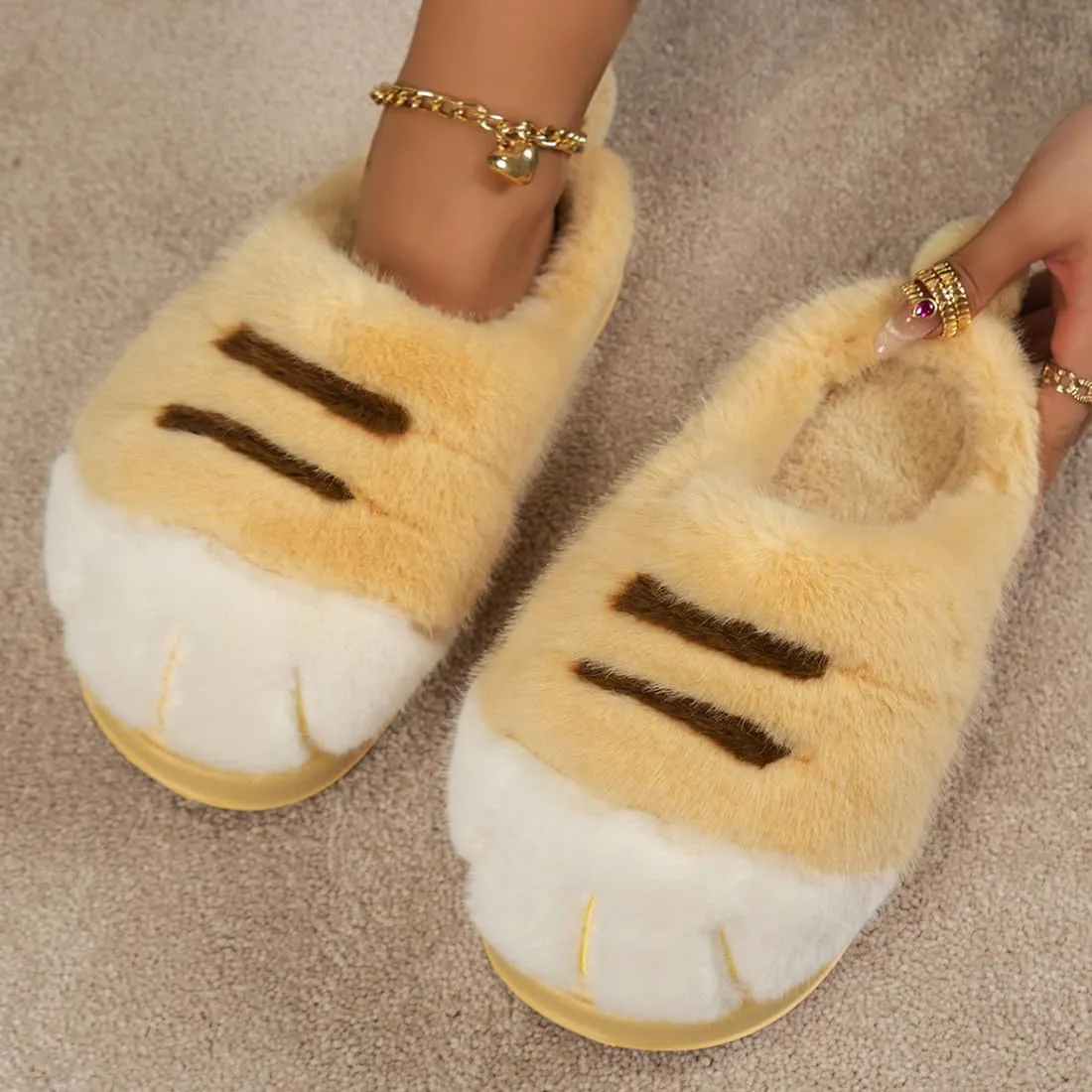Cat Paw Slippers for Women, 3D Cat Paw Cartoon Warm Cozy Fuzzy Bedroom House Slippers