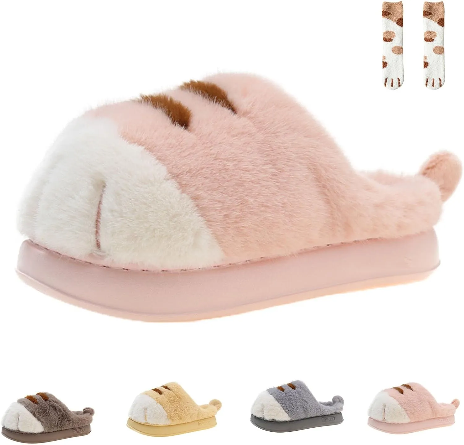 Cat Paw Slippers for Women, 3D Cat Paw Cartoon Warm Cozy Fuzzy Bedroom House Slippers