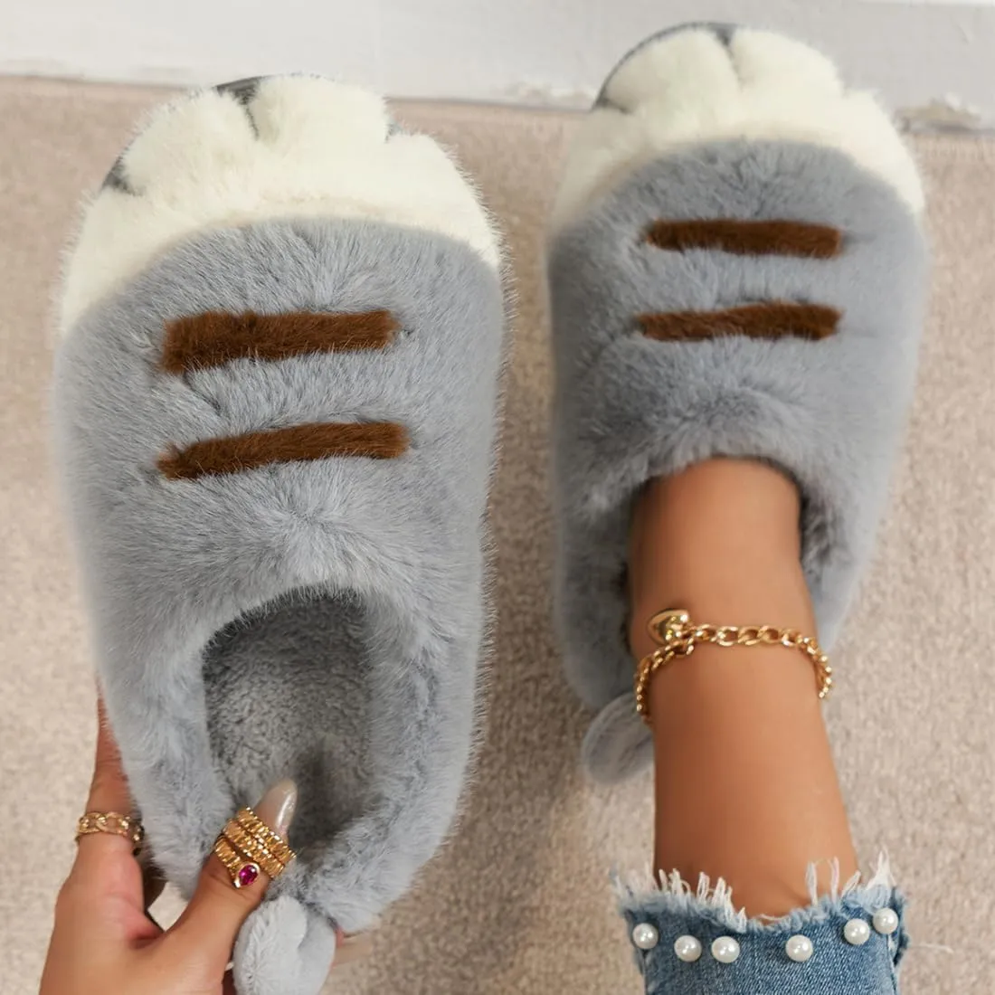 Cat Paw Slippers for Women, 3D Cat Paw Cartoon Warm Cozy Fuzzy Bedroom House Slippers