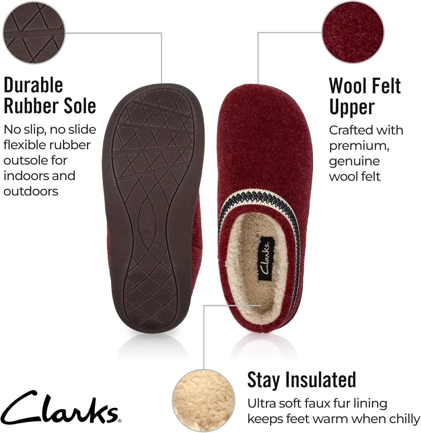 Clarks Womens Wool Felt Clog Slippers JMH1319T - Warm Cozy Plush Faux Fur Lined - Indoor Outdoor House Slipper for Women