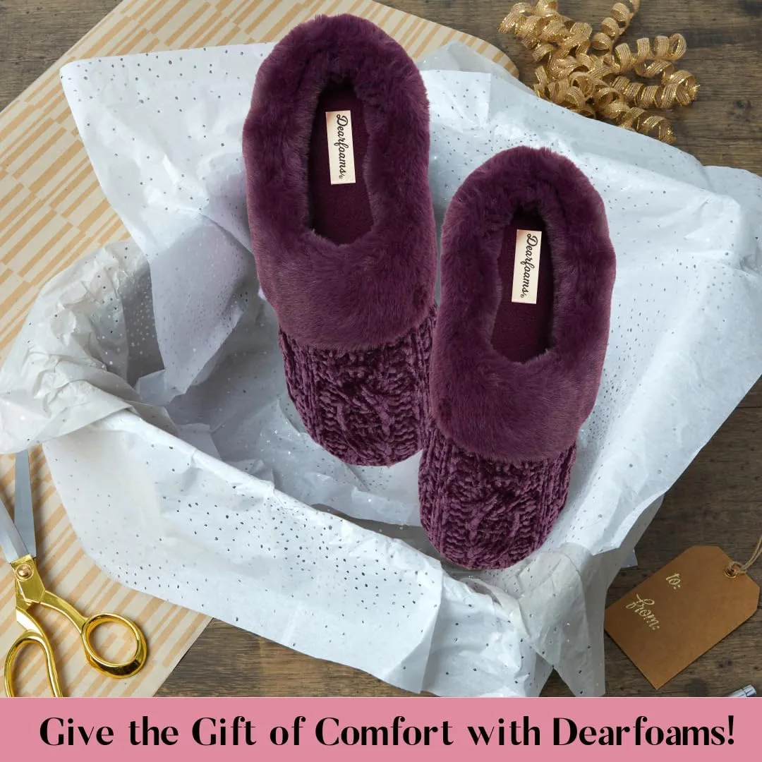 Dearfoams Women's Fuzzy Memory Foam Cable Knit Claire Clog House Slipper with Wide Widths