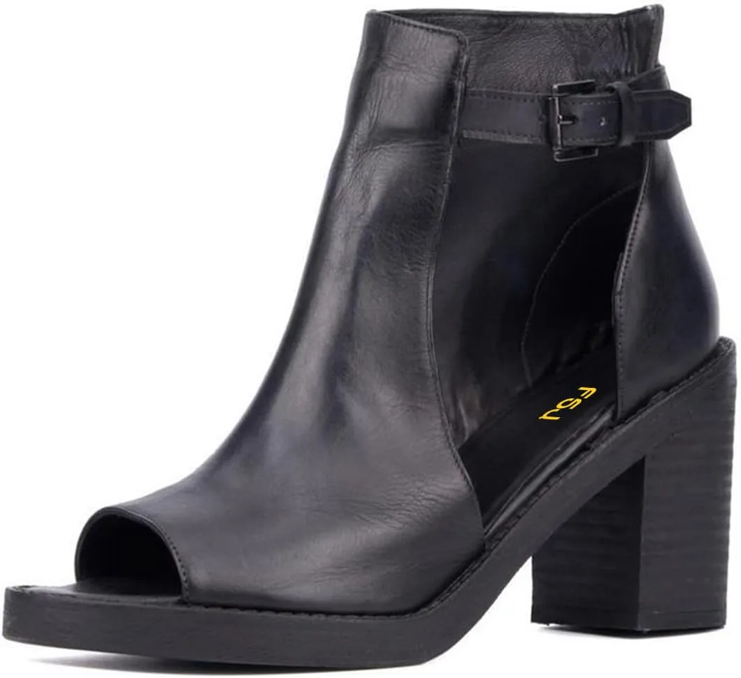 FSJ Women Peep Open Toe Booties Side Cutout Strap Buckle Mid Block Stacked Heel Sandals Ankle Bootie Summer Casual Dress Shoes Size 4-16 US