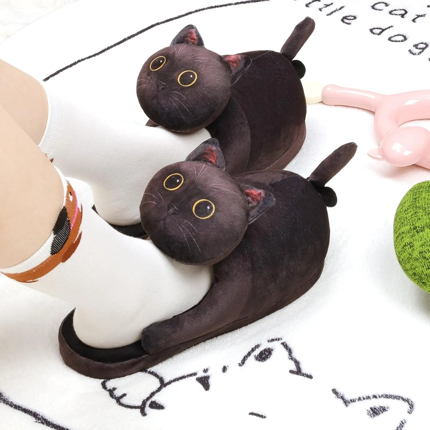 Funny Cat Slippers for Women,Fuzzy Animal Indoor House Shoes with Soft Memory Foam,Comfy Plush Warm Slip-on Slippers,Cat Gifts for Cat Lover