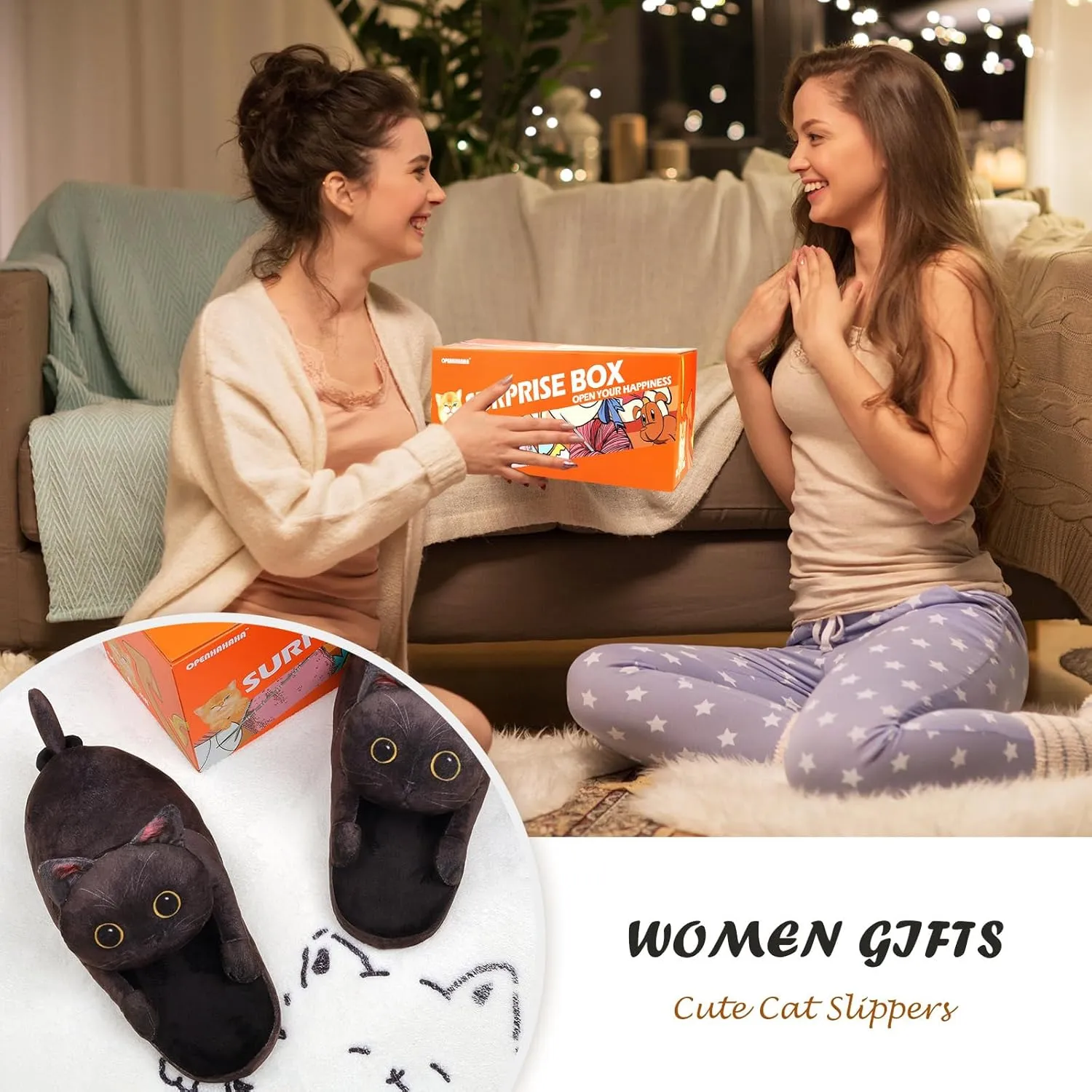 Funny Cat Slippers for Women,Fuzzy Animal Indoor House Shoes with Soft Memory Foam,Comfy Plush Warm Slip-on Slippers,Cat Gifts for Cat Lover