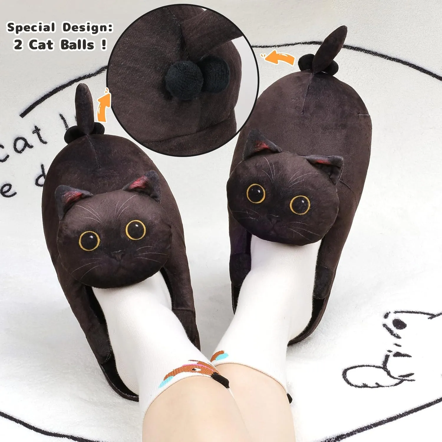 Funny Cat Slippers for Women,Fuzzy Animal Indoor House Shoes with Soft Memory Foam,Comfy Plush Warm Slip-on Slippers,Cat Gifts for Cat Lover