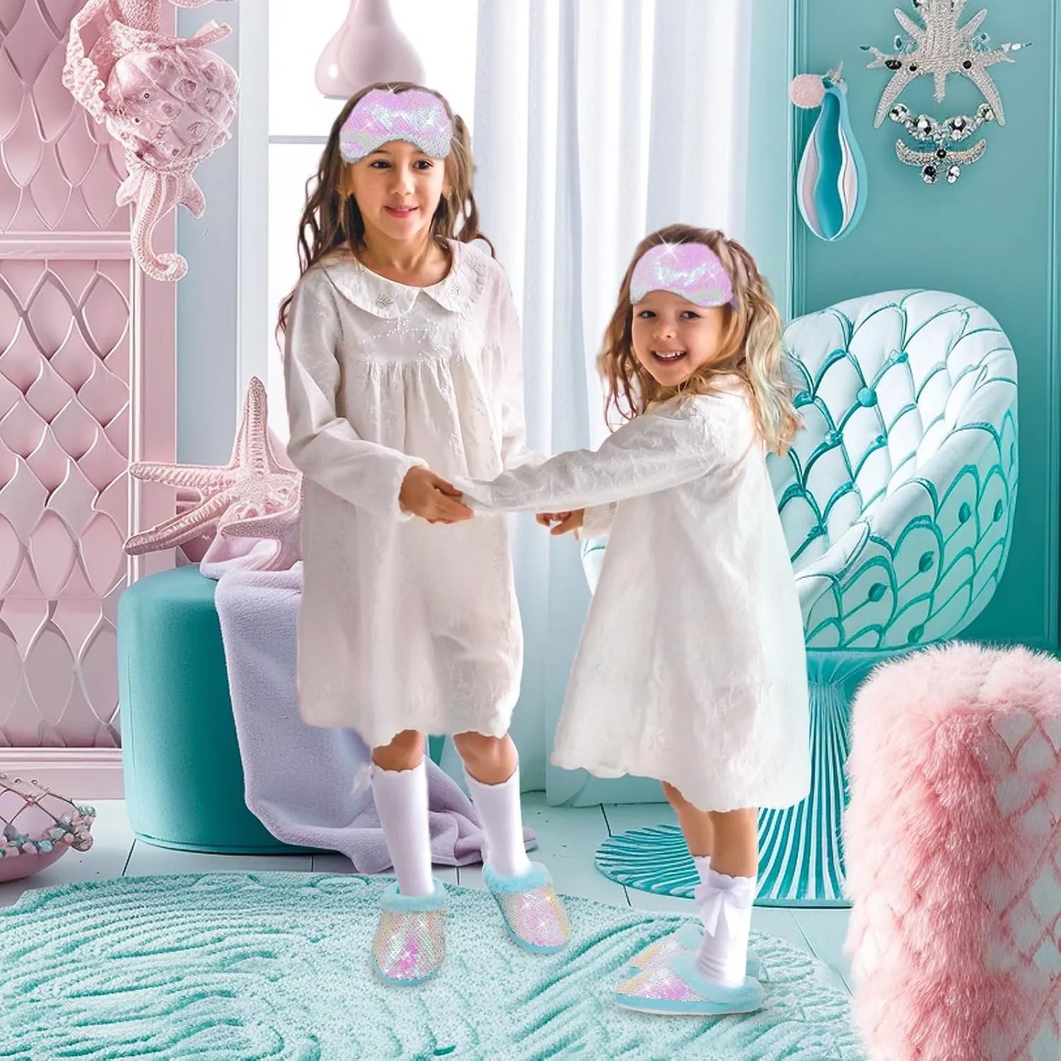 Girls Plush Sequin Slippers With Sleep Mask, Cute Faux Fur Slip-on Shoes Memory Foam House Shoes for Girls Bedroom Slippers