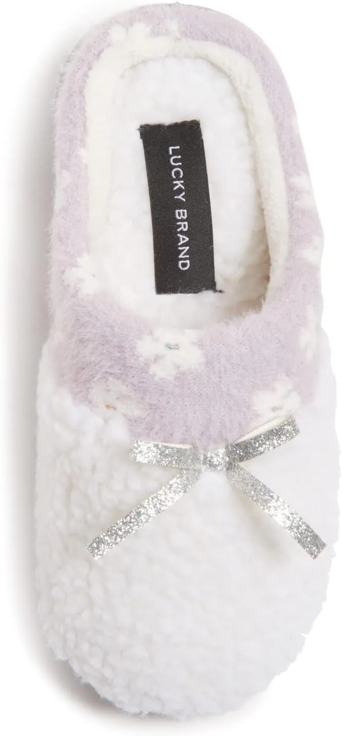 Lucky Brand Little Girls Floral Collar Bow Sherpa Clog Slippers, Kids Fuzzy Cozy Warm Slip On Bedroom Slipper House Shoes