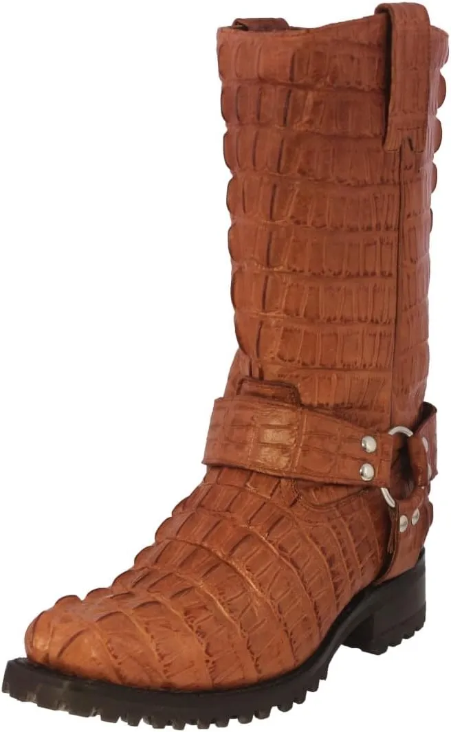 Mens Cognac Leather Motorcycle Boots Crocodile Tail Print Square Toe