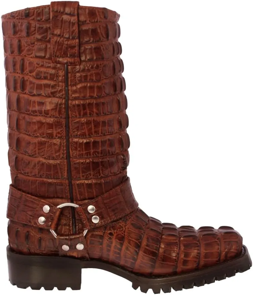 Mens Cognac Leather Motorcycle Boots Crocodile Tail Print Square Toe