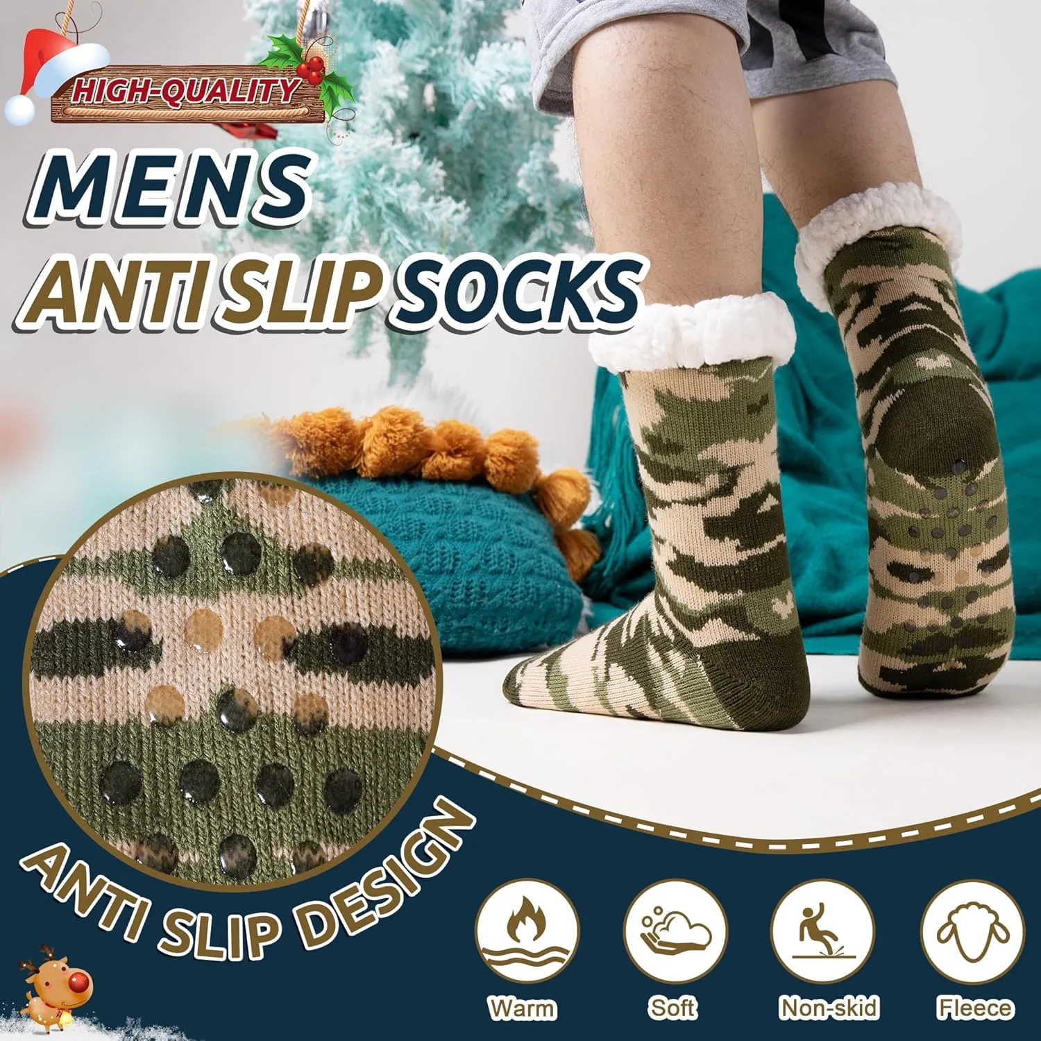 Men's Fleece Lined Cozy Extra Thick Slipper Socks Winter Non-Slip Fuzzy Home Sleeping Stockings