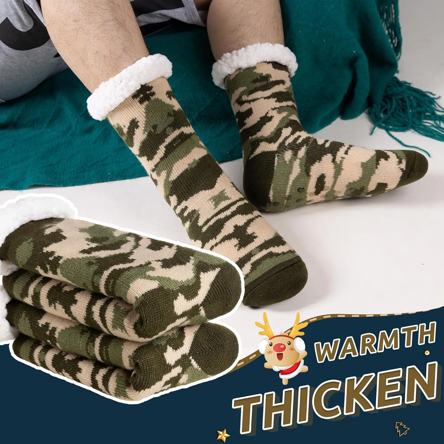Men's Fleece Lined Cozy Extra Thick Slipper Socks Winter Non-Slip Fuzzy Home Sleeping Stockings