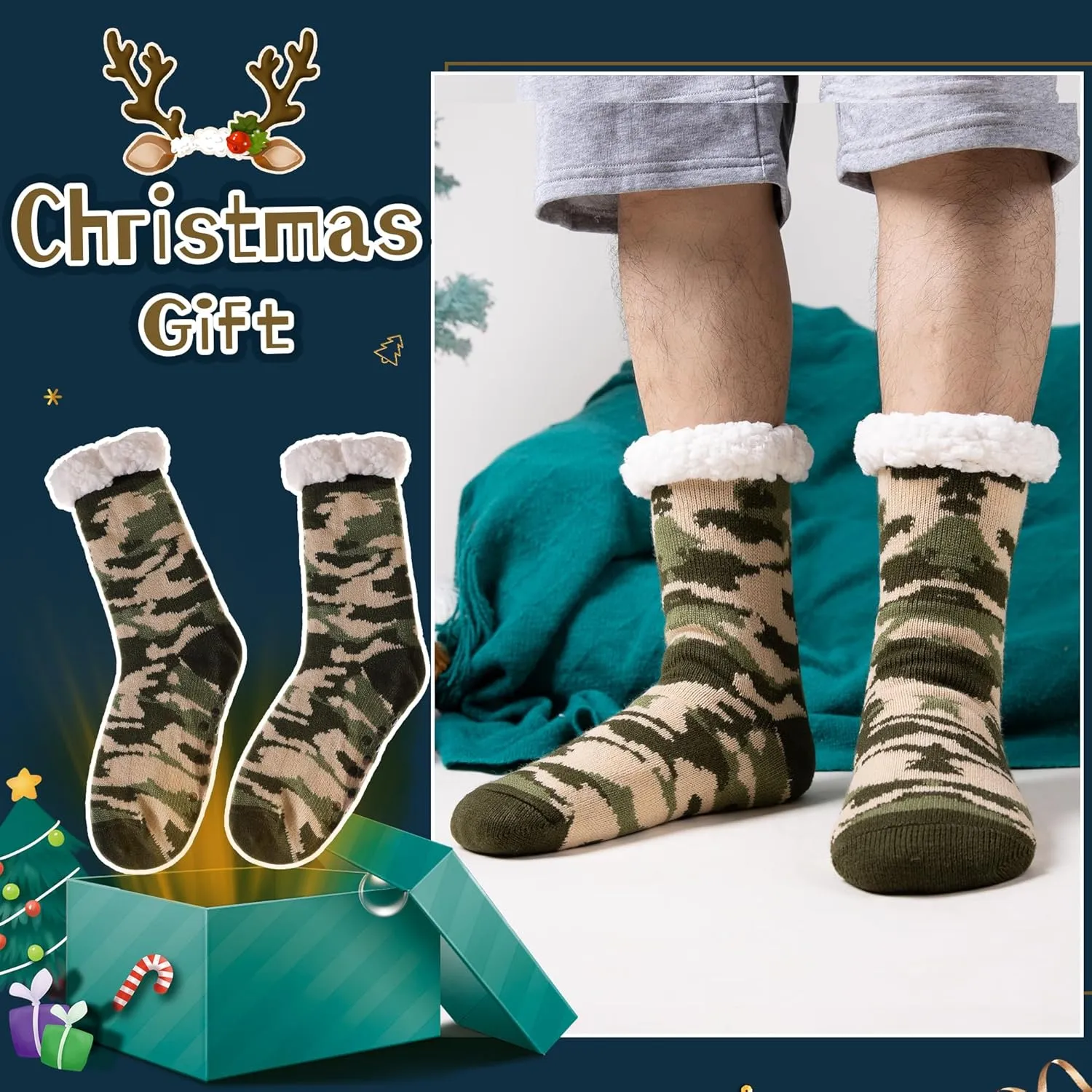 Men's Fleece Lined Cozy Extra Thick Slipper Socks Winter Non-Slip Fuzzy Home Sleeping Stockings