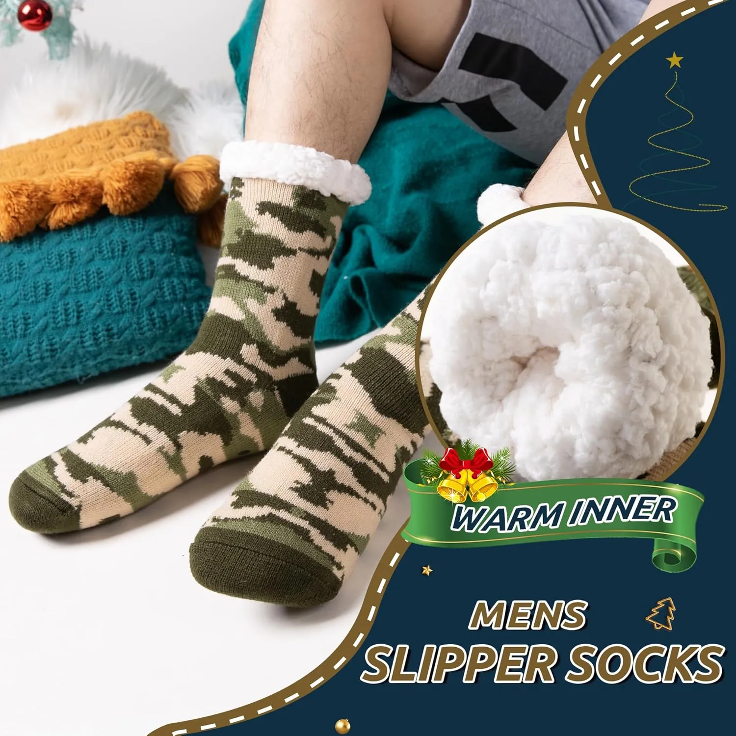 Men's Fleece Lined Cozy Extra Thick Slipper Socks Winter Non-Slip Fuzzy Home Sleeping Stockings