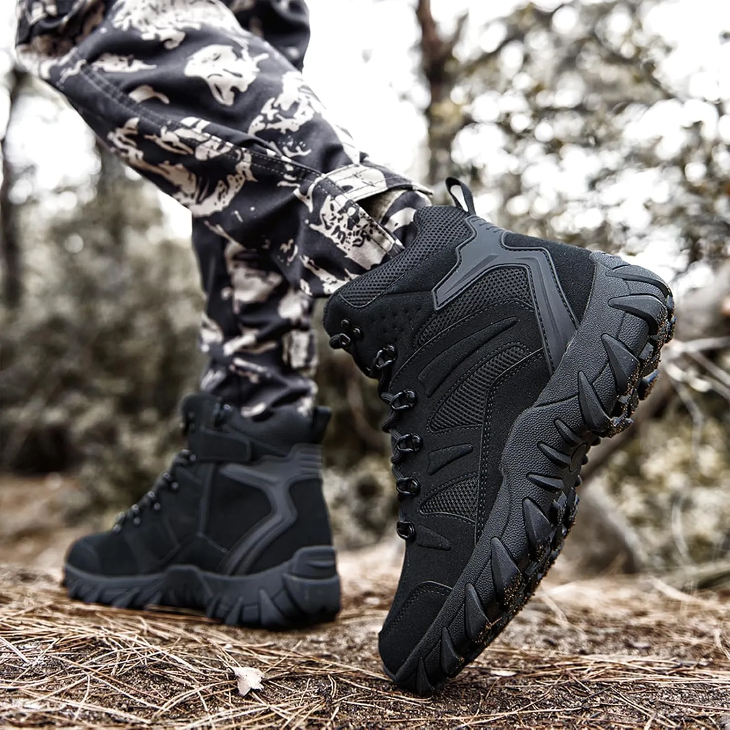 Men's Suede Platform Lace Up Hiking Boots Breathable Mesh Tactical Work Boots Non-Slip Lug Sole Side Zipper Military Boots Outdoor Trekking Backpacking Trails Boot
