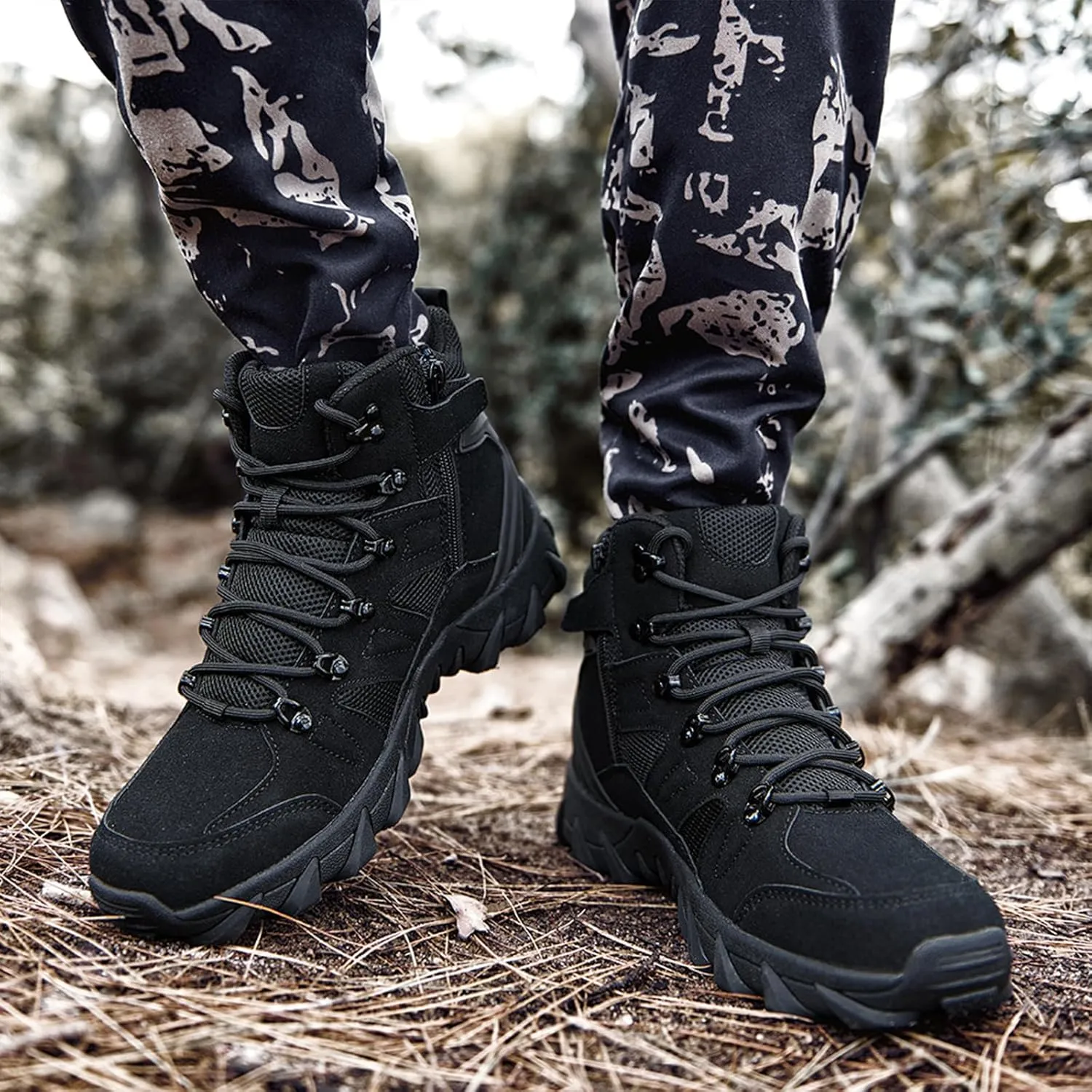 Men's Suede Platform Lace Up Hiking Boots Breathable Mesh Tactical Work Boots Non-Slip Lug Sole Side Zipper Military Boots Outdoor Trekking Backpacking Trails Boot