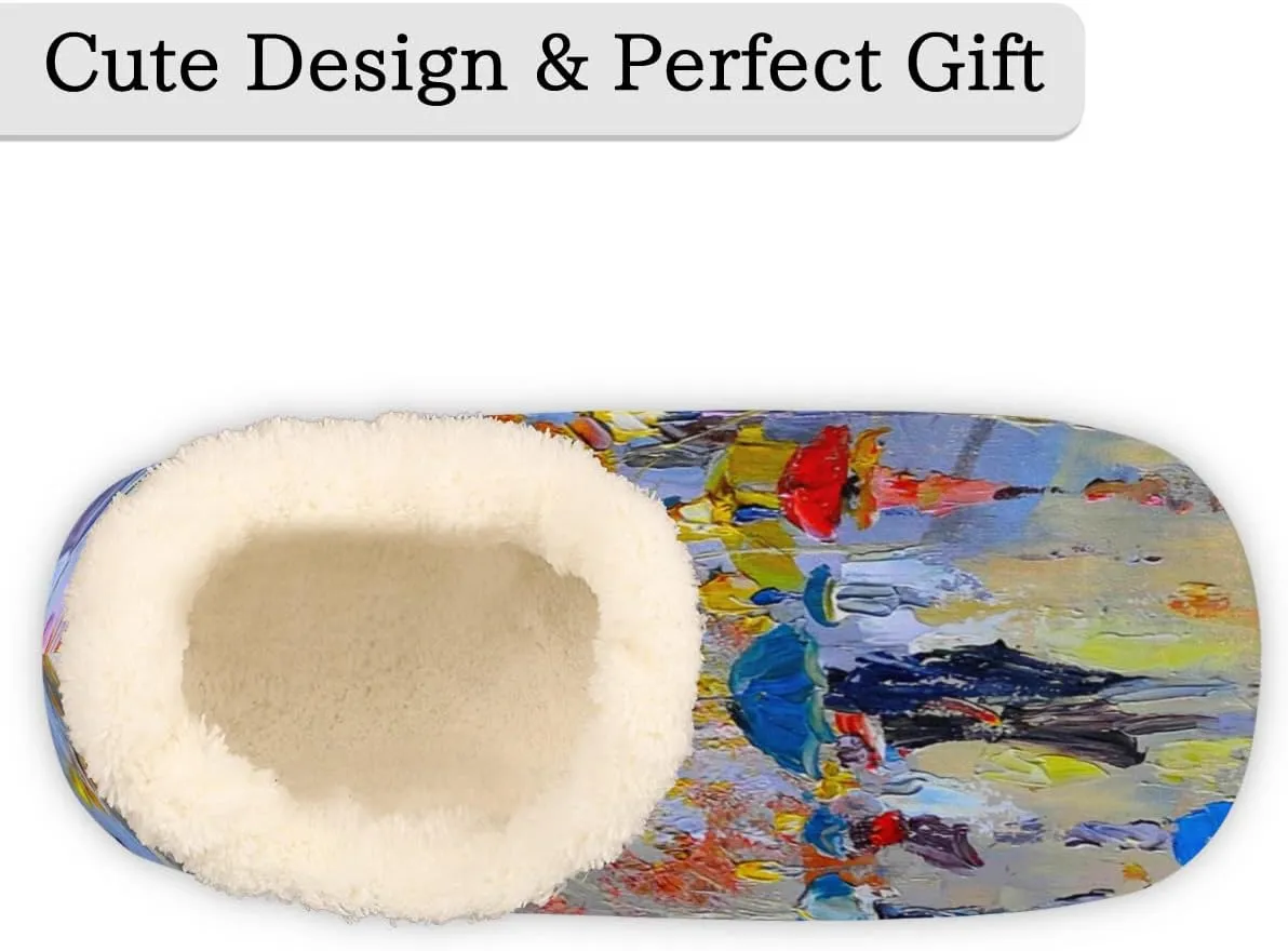 Oil Painting Eiffel Tower Women Closed Back House Slippers, Oil Painting Paris Street Womens Mens Winter Indoor Slippers, Soft Cozy Warm Fuzzy Memory Foam Anti-Slip Slippers