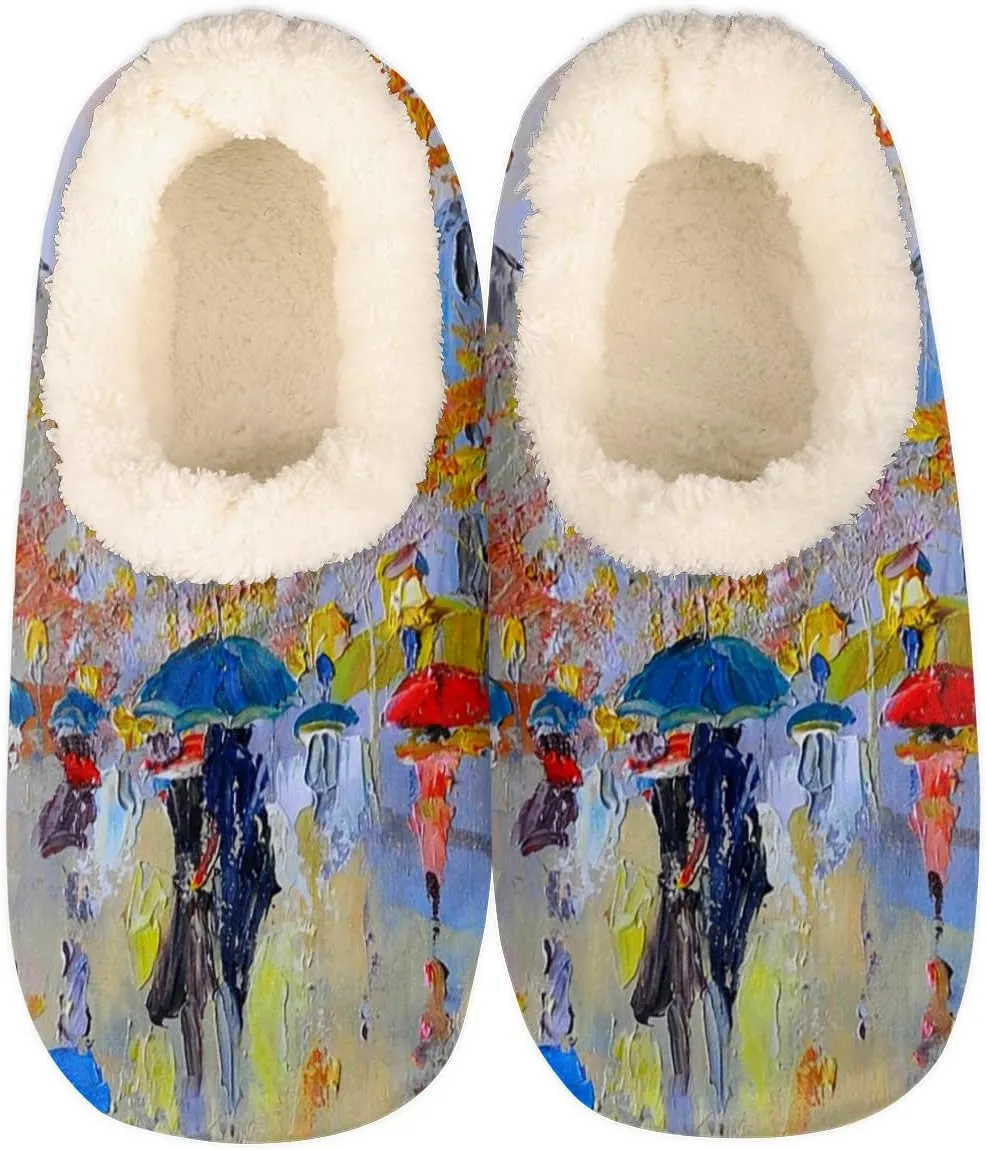 Oil Painting Eiffel Tower Women Closed Back House Slippers, Oil Painting Paris Street Womens Mens Winter Indoor Slippers, Soft Cozy Warm Fuzzy Memory Foam Anti-Slip Slippers