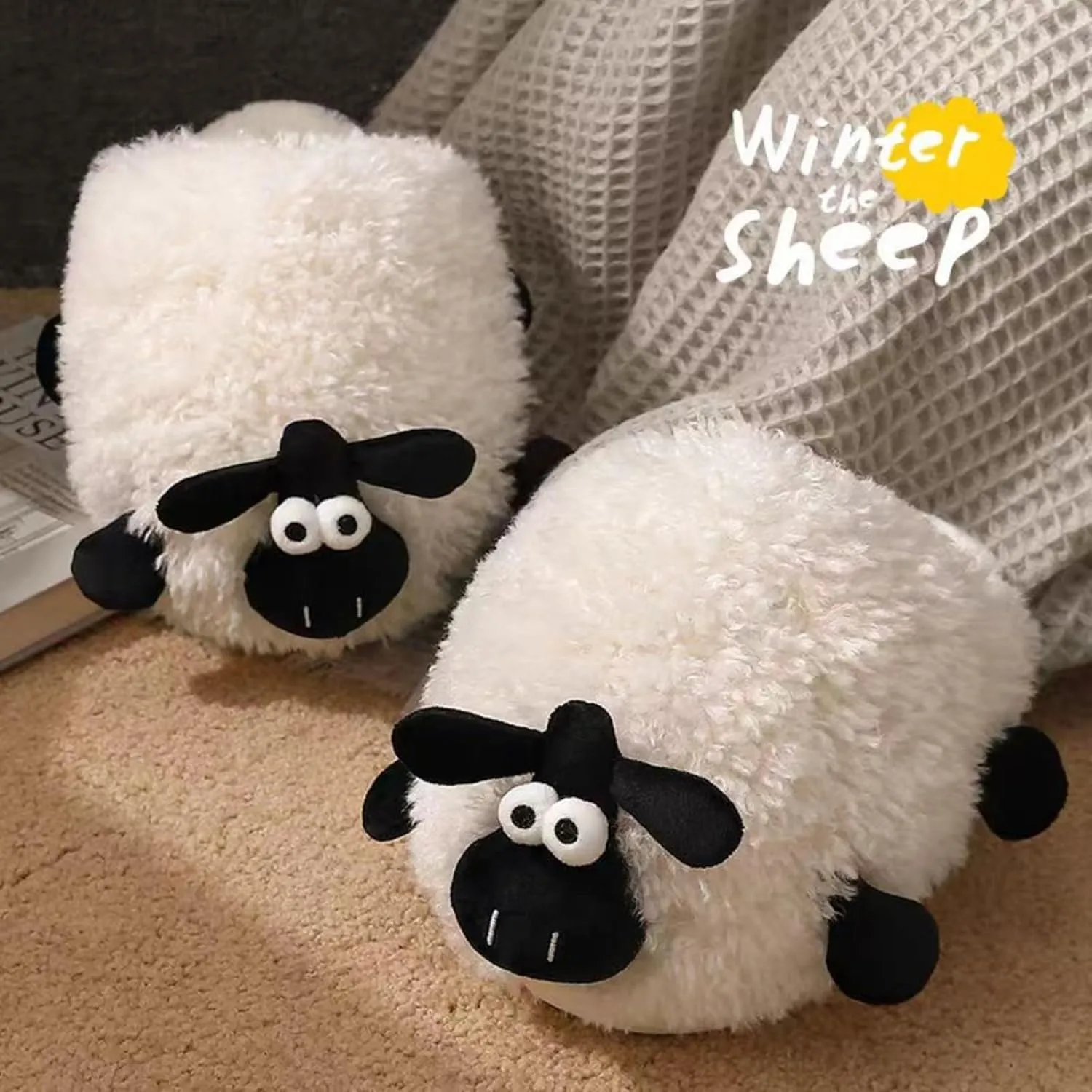 Sheep Fuzzy Animal Slippers for Women & Men, Indoor/Outdoor with Plush Warm Lining, Memory Foam House Slippers