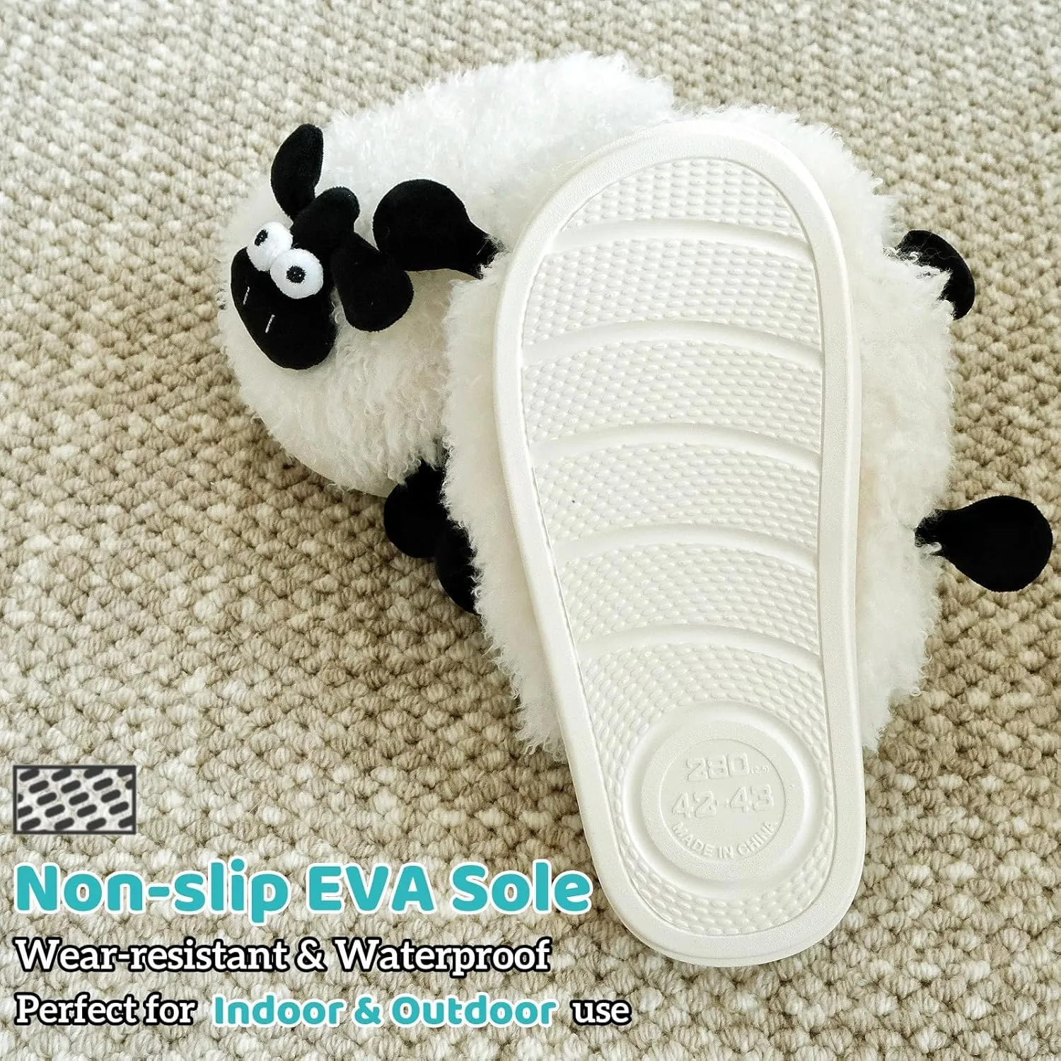 Sheep Fuzzy Animal Slippers for Women & Men, Indoor/Outdoor with Plush Warm Lining, Memory Foam House Slippers