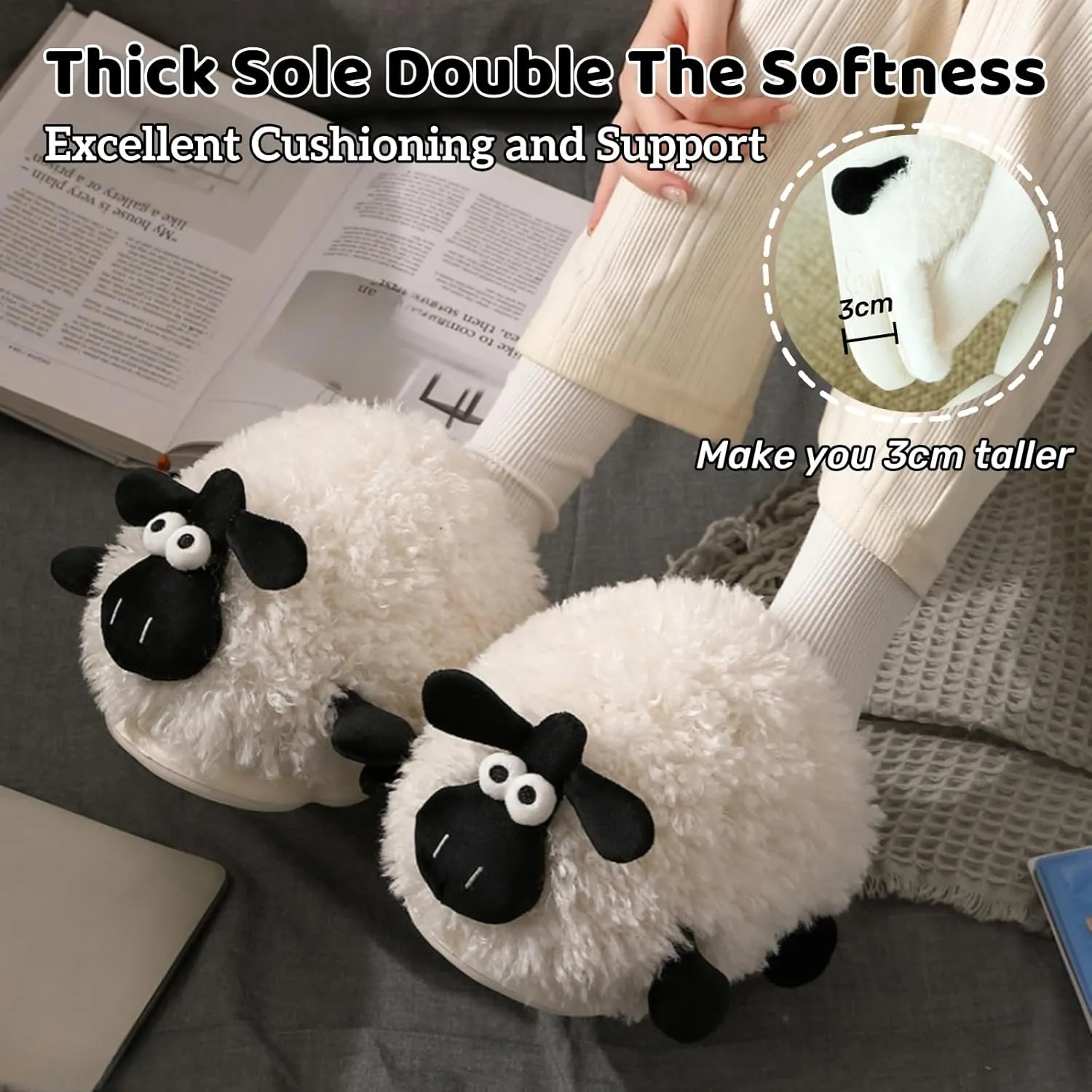 Sheep Fuzzy Animal Slippers for Women & Men, Indoor/Outdoor with Plush Warm Lining, Memory Foam House Slippers