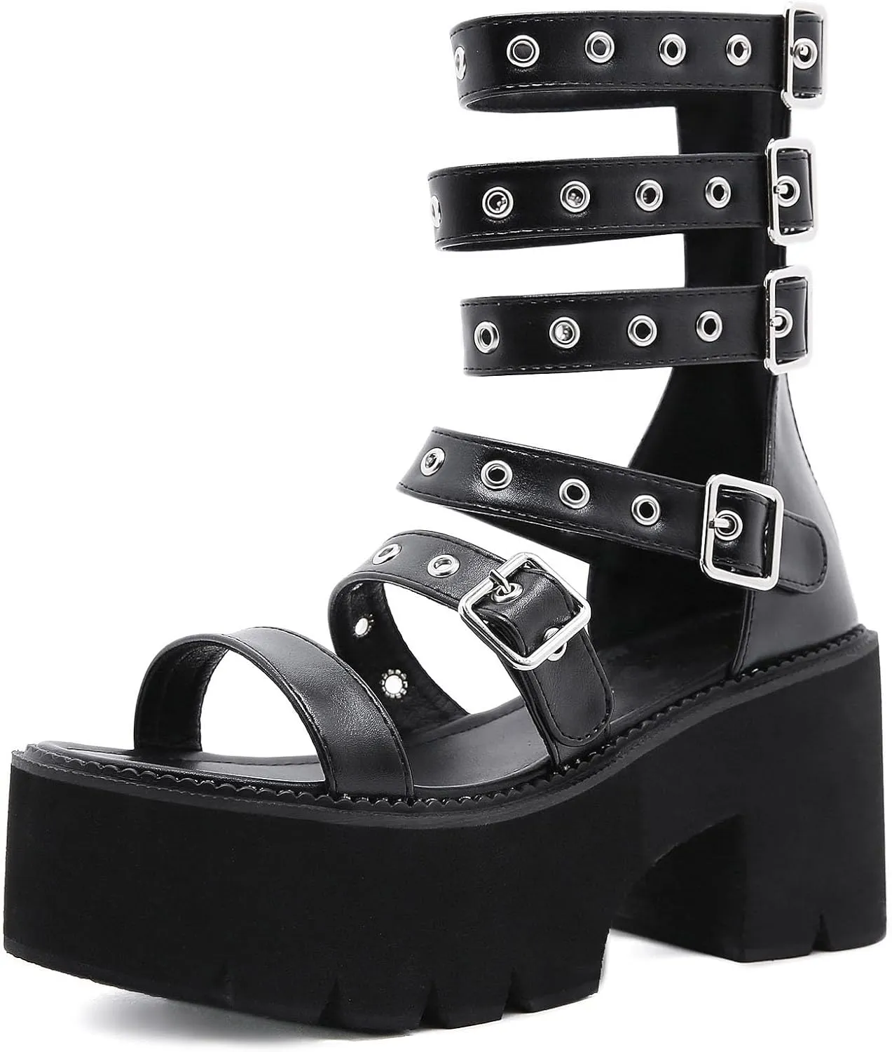SHEMEE Chunky Platform Gladiator Roman Sandals Women Black Punk Goth Shoes Multi Strap Lightweight Fisherman Wedge Sandal