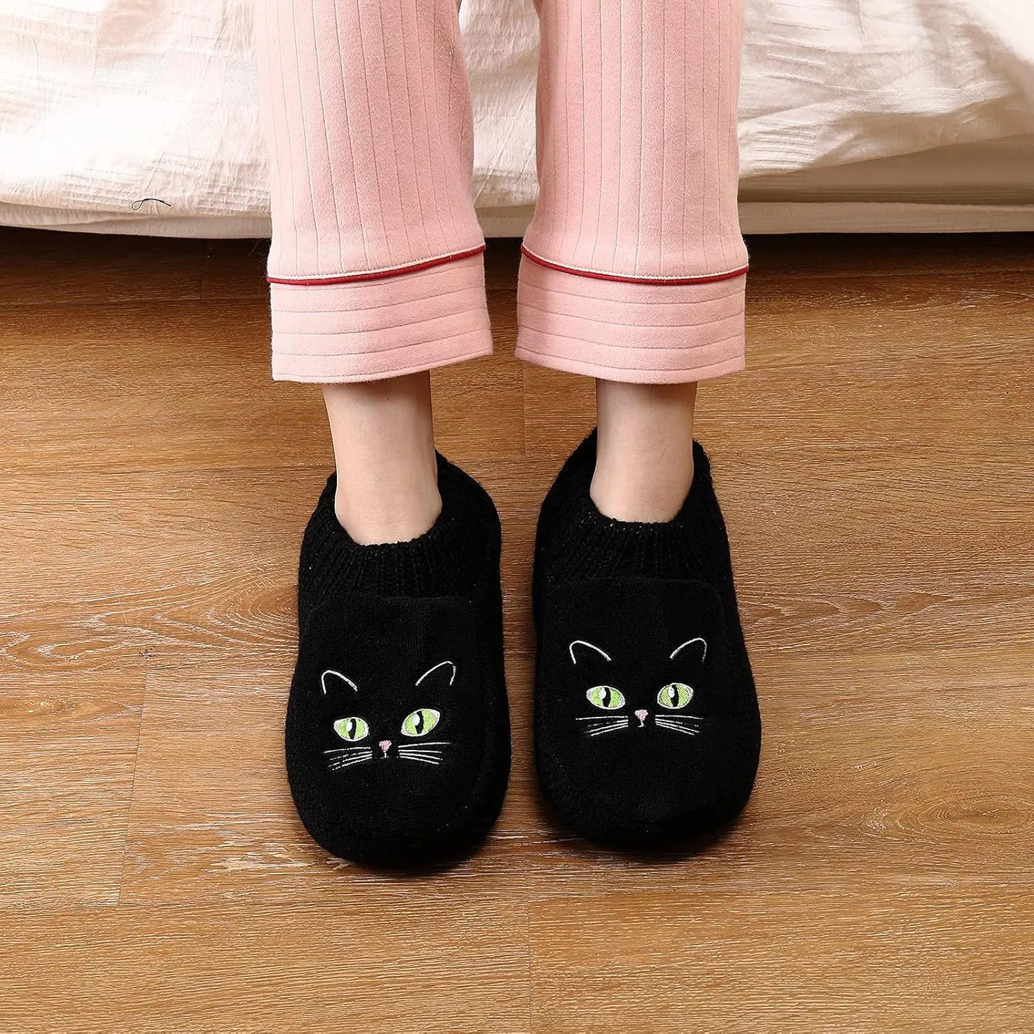 Slipper Socks for Women-Winter Cozy Soft Non-Slip Fleece-Lined Knit Black Bedroom Socks-Cat Gifts for Lady