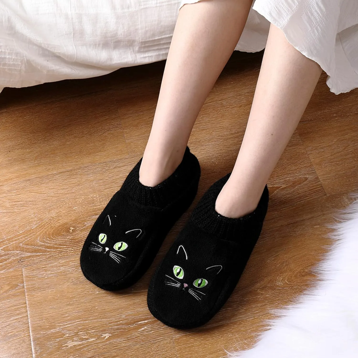 Slipper Socks for Women-Winter Cozy Soft Non-Slip Fleece-Lined Knit Black Bedroom Socks-Cat Gifts for Lady