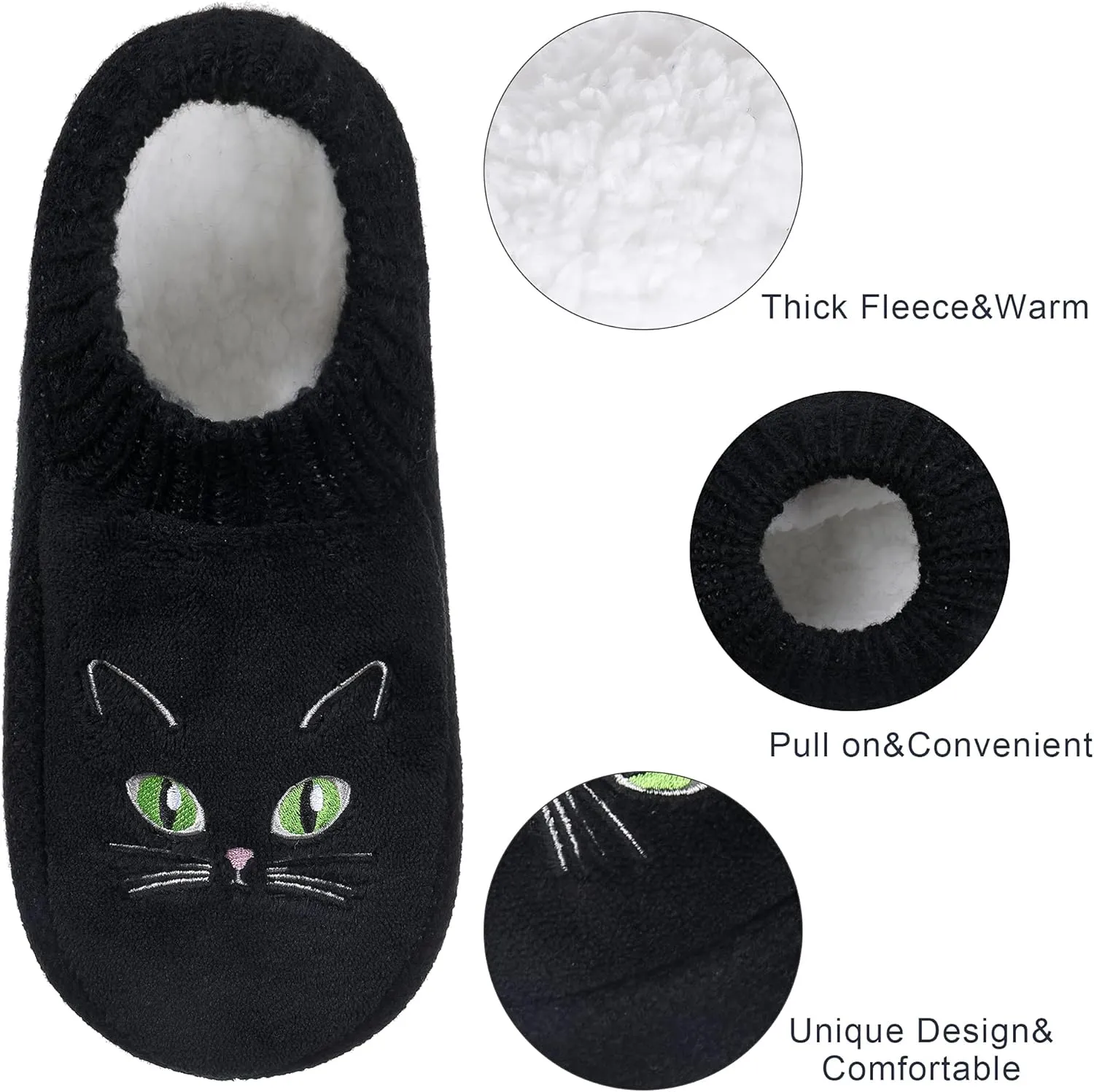 Slipper Socks for Women-Winter Cozy Soft Non-Slip Fleece-Lined Knit Black Bedroom Socks-Cat Gifts for Lady