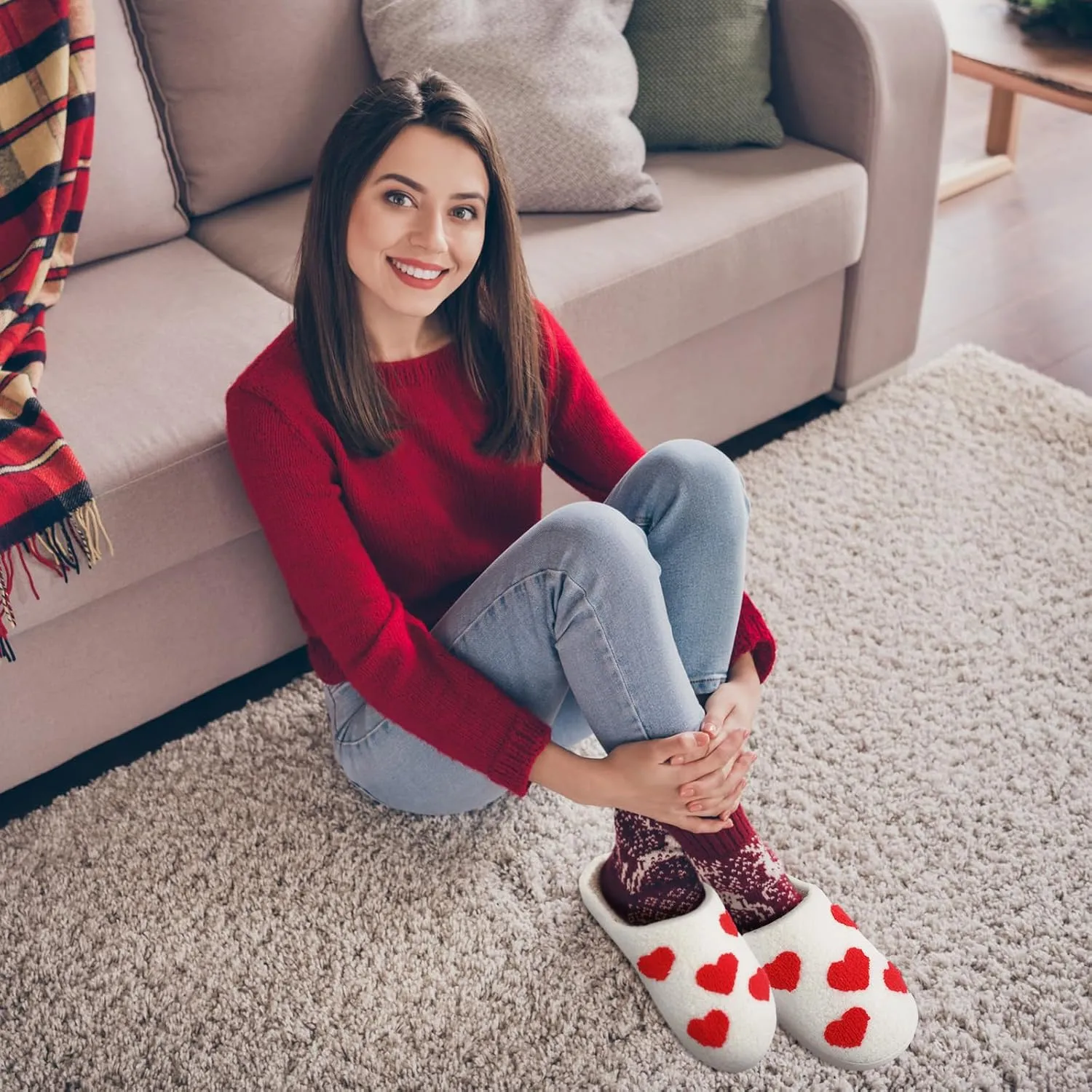 Valentines Heart Slippers for Women Valentines Plush Non Skid House Slippers for Galentine's day