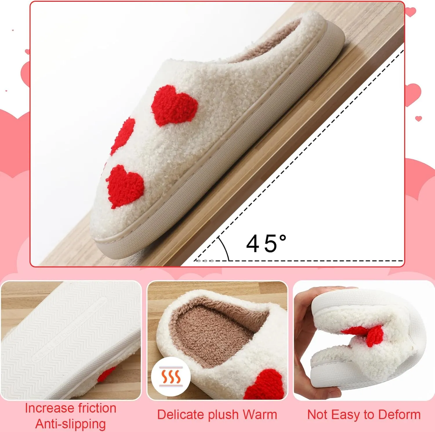 Valentines Heart Slippers for Women Valentines Plush Non Skid House Slippers for Galentine's day