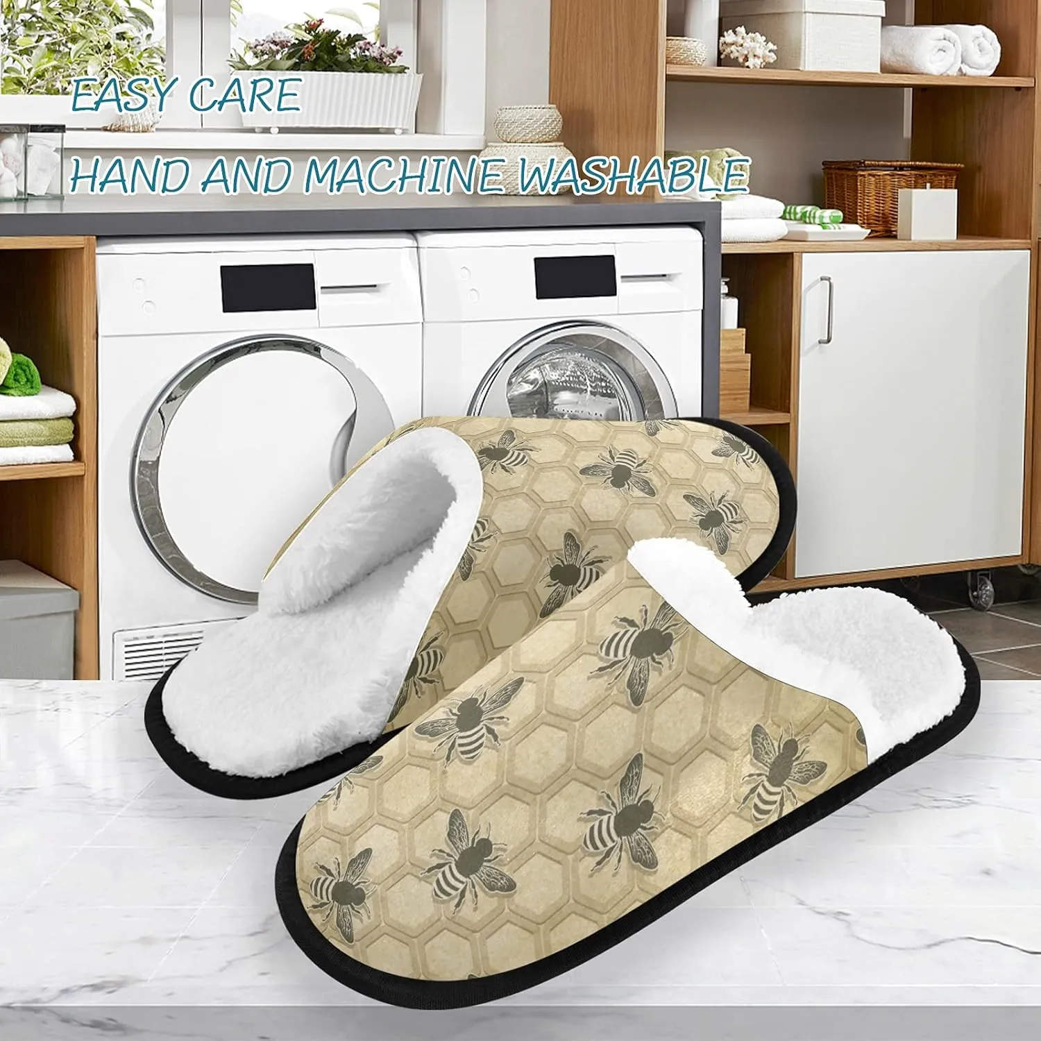 visesunny Retro Bee Honeycomb Pattern Cozy Fuzzy Womens Memory Foam House Slippers Plush Fleece Indoor Outdoor Slipper
