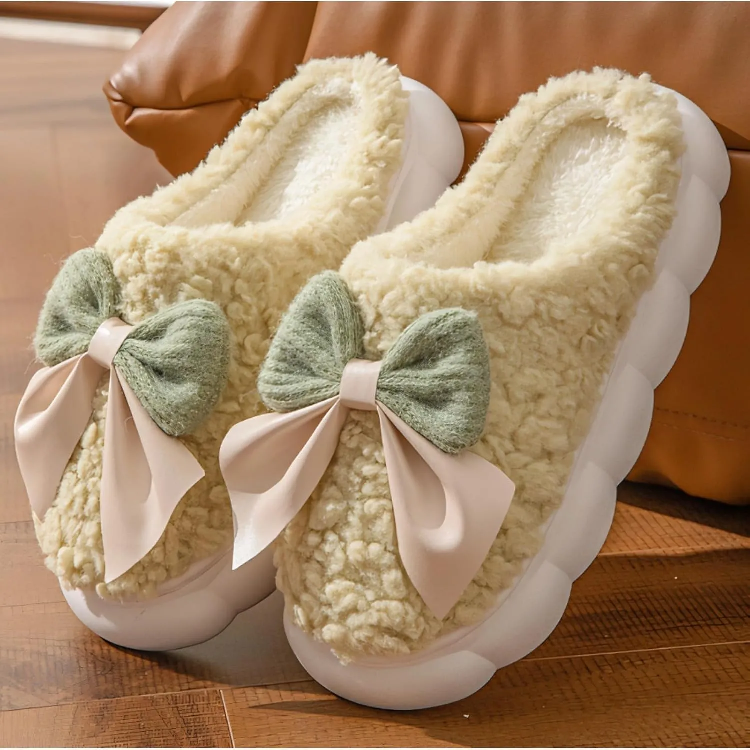 Women Bow Slipper for Home Bedroom Thick Sole Indoor Cute Fuzzy Footwear for Spring/Fall/Winter Holiday Season