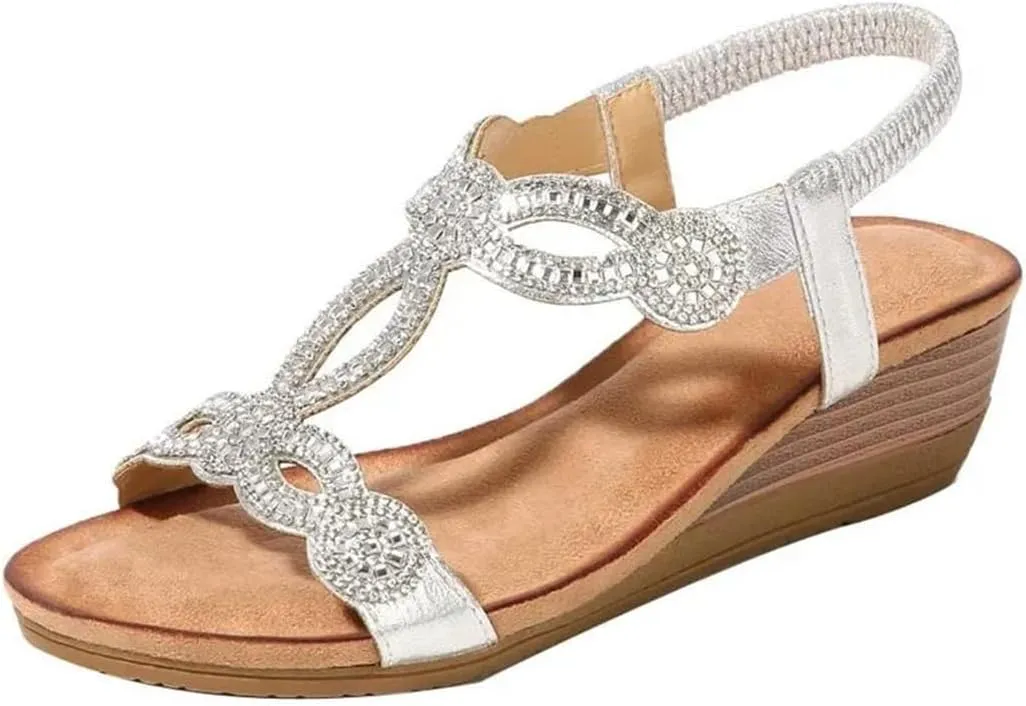 Womens Elastic Band Back Strap Wedge Heel Open Side Vamp Basic Sandals PU Upper Rhinestone Vintage Bohemian Floral Beach