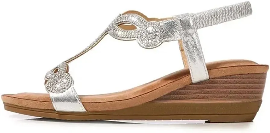 Womens Elastic Band Back Strap Wedge Heel Open Side Vamp Basic Sandals PU Upper Rhinestone Vintage Bohemian Floral Beach