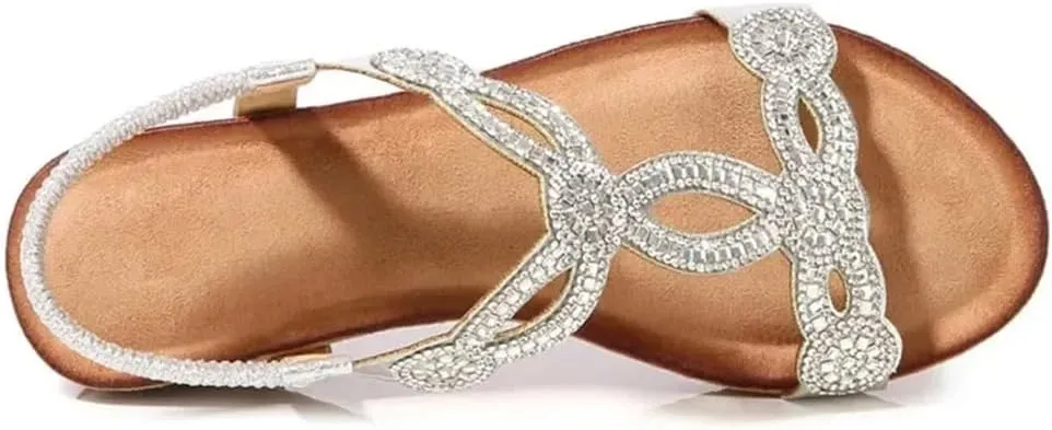 Womens Elastic Band Back Strap Wedge Heel Open Side Vamp Basic Sandals PU Upper Rhinestone Vintage Bohemian Floral Beach