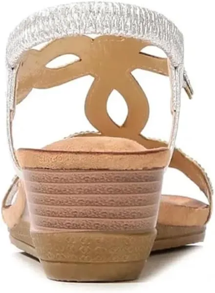 Womens Elastic Band Back Strap Wedge Heel Open Side Vamp Basic Sandals PU Upper Rhinestone Vintage Bohemian Floral Beach