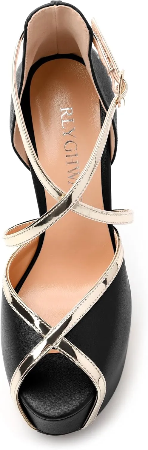 Womens Platform Sandals Stiletto Heels Round Toe High Heels Fashion Cross Body Strap Open Toe Buckle Heeled Sandal Shoes